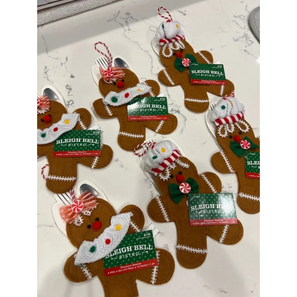 Set of 6 Sleigh Bell Bistro Gingerbread Flatware Sleeves Christmas Ornaments NEW